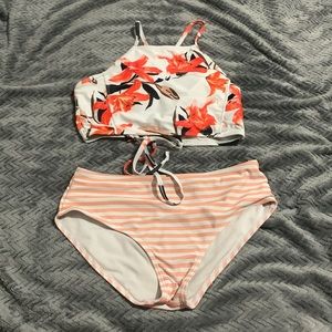 Floral striped swim set tie back high neck strapy